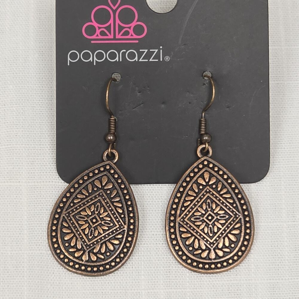 Paparazzi Copper Tone Teardrop Dangle Earrings Embossed Floral Boho Southwestern